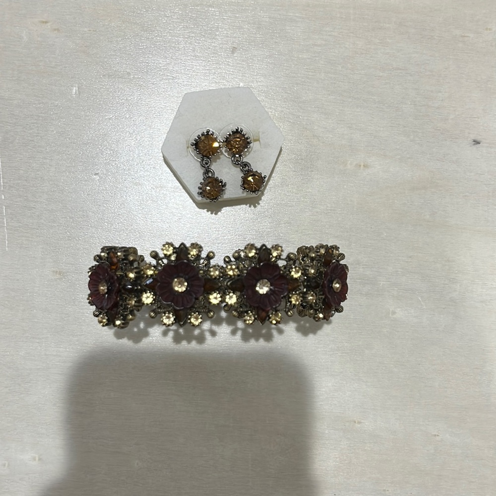 Gold, Yellow and Red Jeweled Flower Bracelet + Yellow Jeweled Earrings Bundle